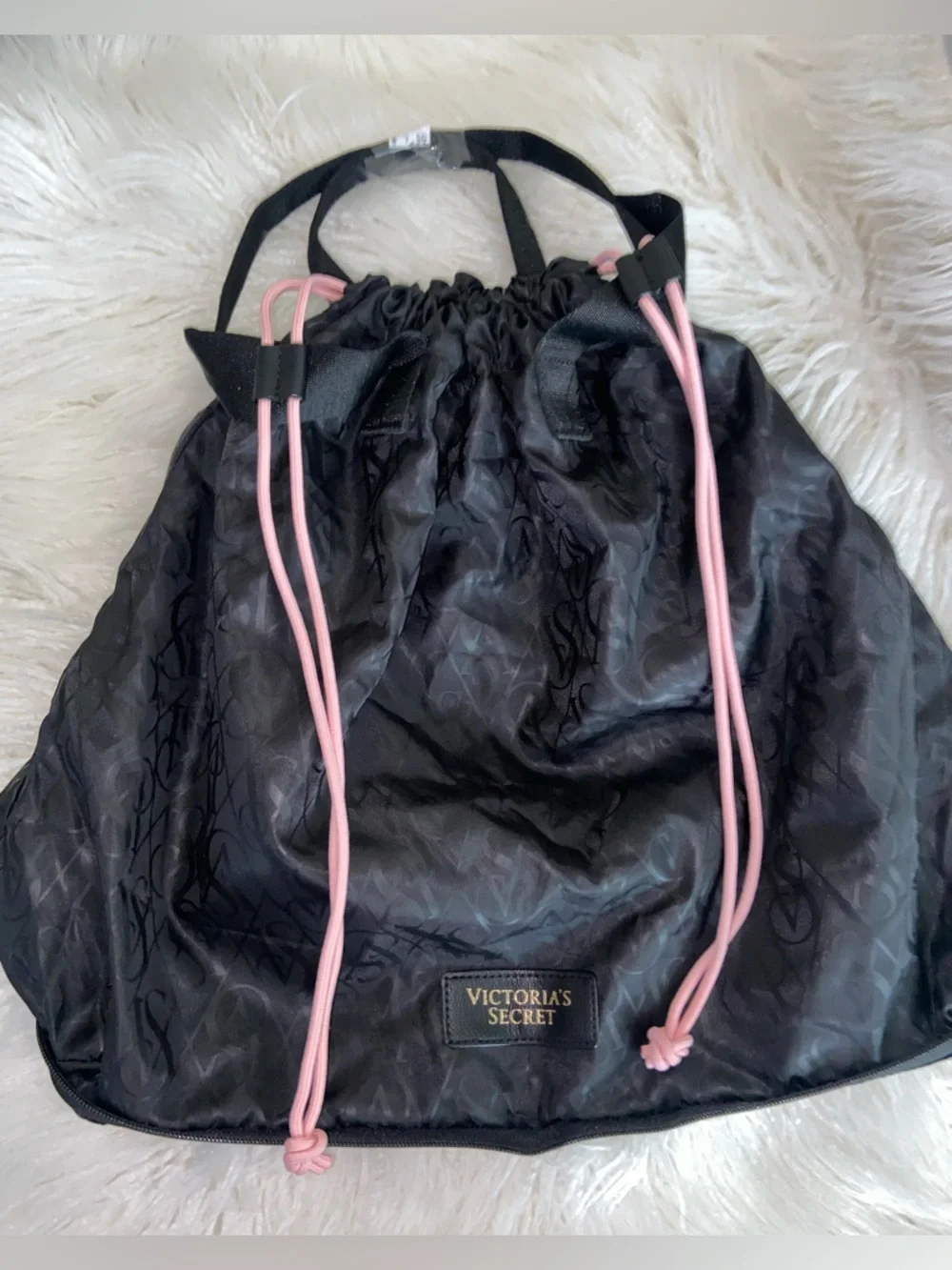 Victoria's Secret Black Tote with Pink Drawstring Accent - Picture 4 of 7